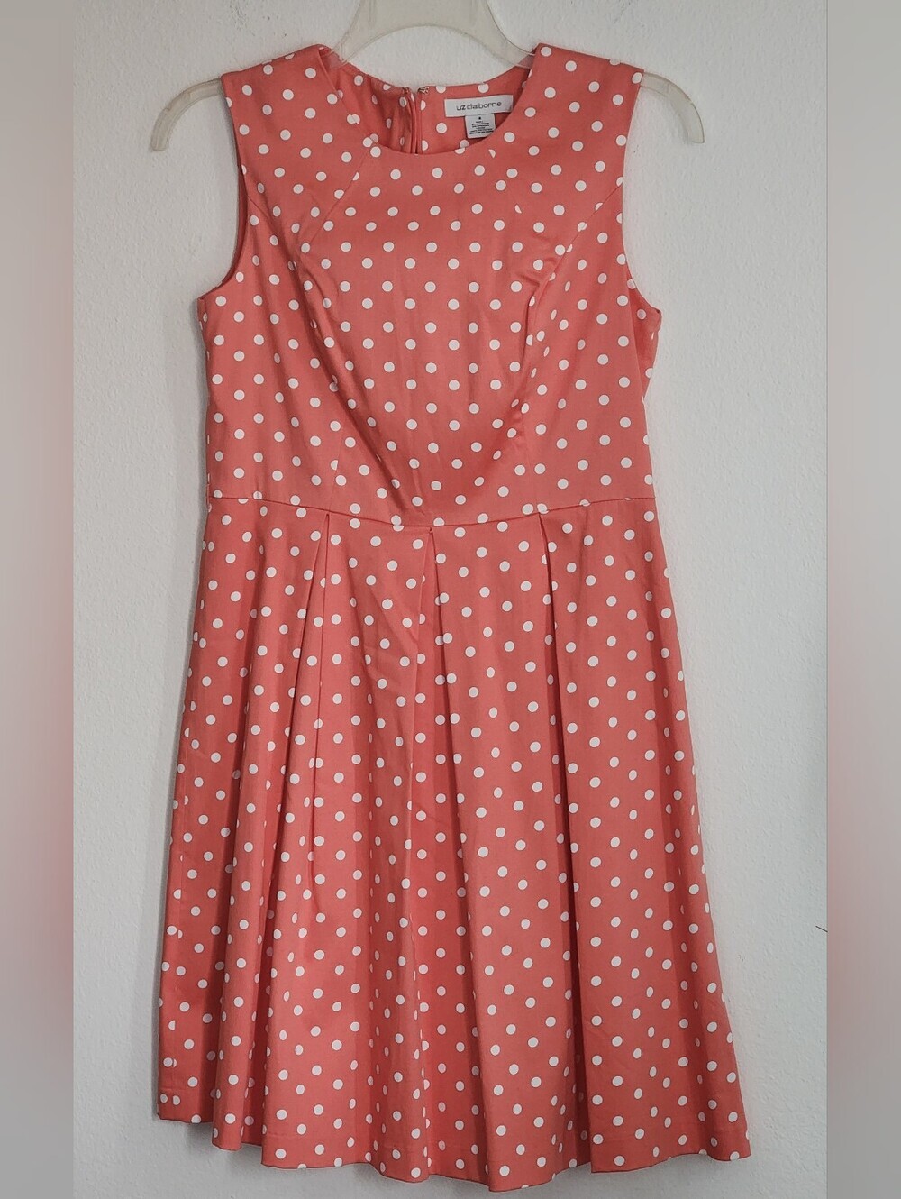Liz Claiborne Coral/White Polka Dots Women's Pleated Fit & Flare Dress Zip Sz 8